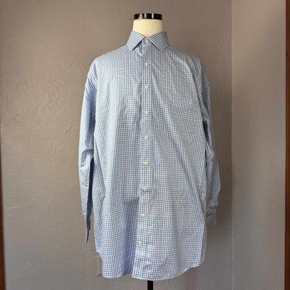 Rochester Mens 17 1/2 36/37 Eqyptian Cotton Long Sleeve Button Down Blue Plaid